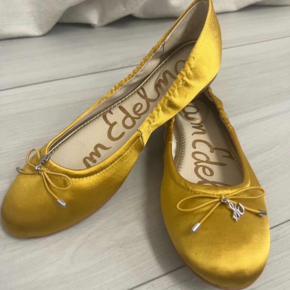 New Sam Edelman Women's Ballet Flats Felicia Flats Yellow Gold Satin Sz 8 - Picture 2 of 5